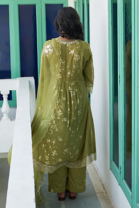Shop_Label Earthen_Green Cotton, Silk Organza Embroidery Neem Chameli Foil Print Anarkali Set _at_Aza_Fashions