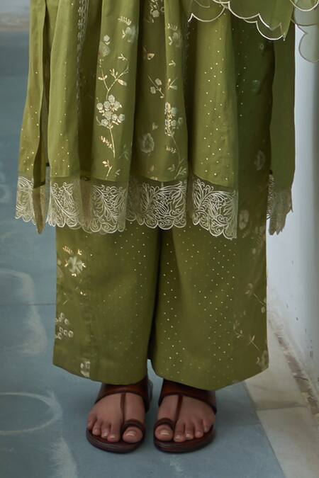 Label Earthen_Green Cotton, Silk Organza Embroidery Neem Chameli Foil Print Anarkali Set _Online_at_Aza_Fashions