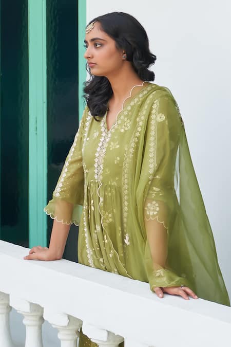 Shop_Label Earthen_Green Cotton, Silk Organza Embroidery Neem Chameli Foil Print Anarkali Set _Online_at_Aza_Fashions