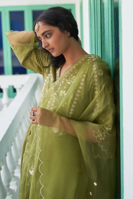 Label Earthen_Green Cotton, Silk Organza Embroidery Neem Chameli Foil Print Anarkali Set _at_Aza_Fashions