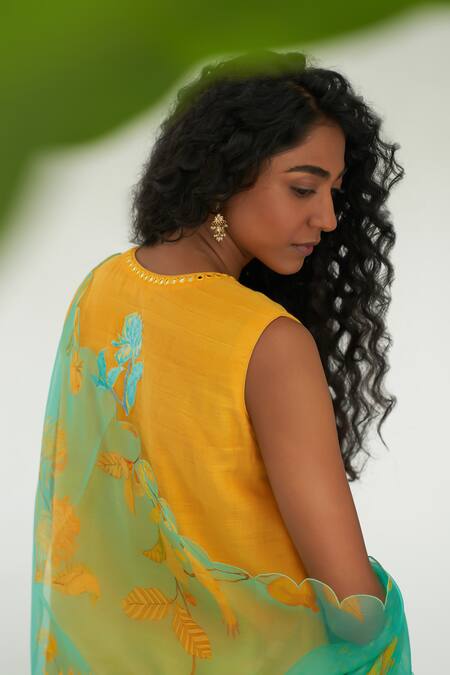 Shop Label Earthen Yellow Cotton, Chiffon Embroidery, Sequins, Mirrors Lilly Placement Kurta Set Online at Aza Fashions Shop_Label Earthen_Yellow Cotton, Chiffon Embroidery, Sequins, Mirrors Lilly Placement Kurta Set _Online_at_Aza_Fashions