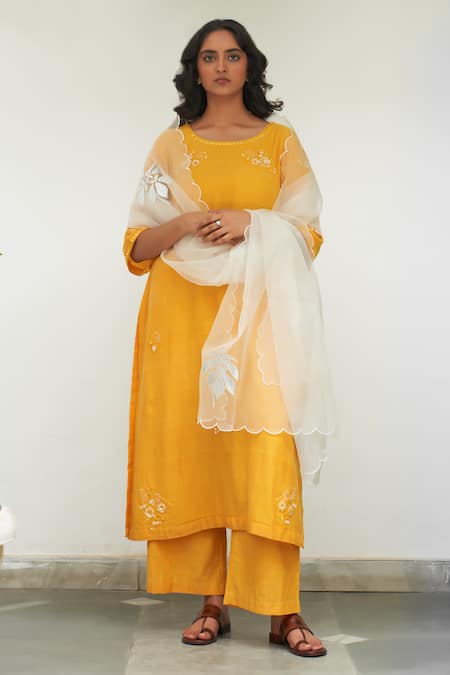 Label Earthen Yellow Mangalgiri Cotton Embroidery Resham Gul Genda Floral Kurta Set 