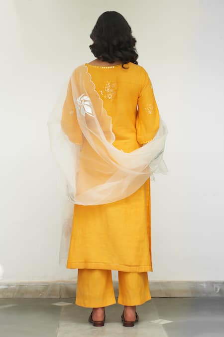 Shop_Label Earthen_Yellow Cotton Embroidery, Sequins, Mirrors Round Gul Genda Floral Kurta Set _at_Aza_Fashions