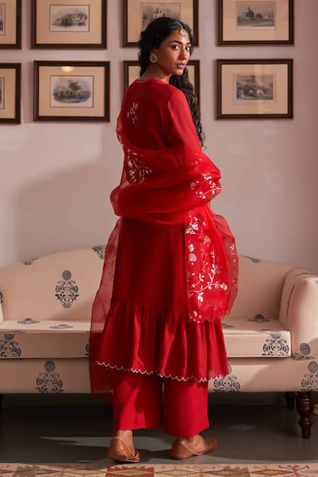 Shop Label Earthen Red Cotton, Maheshwari, Chiffon Sequins, Embroidery Khushboo Anarkali Set at Aza Fashions Shop_Label Earthen_Red Cotton, Maheshwari, Chiffon Sequins, Embroidery Khushboo Anarkali Set _at_Aza_Fashions