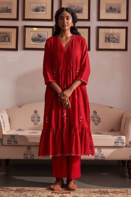 Label Earthen Red Cotton, Maheshwari, Chiffon Sequins, Embroidery Khushboo Anarkali Set Online at Aza Fashions Label Earthen_Red Cotton, Maheshwari, Chiffon Sequins, Embroidery Khushboo Anarkali Set _Online_at_Aza_Fashions