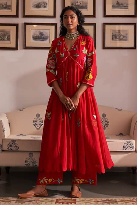 Label Earthen_Red Maheshwari, Cotton Sequins, Applique, Gul Ashaefi Anarkali And Pant Set _Online_at_Aza_Fashions