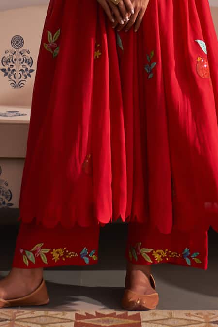 Buy_Label Earthen_Red Maheshwari, Cotton Sequins, Applique, Gul Ashaefi Anarkali And Pant Set _Online_at_Aza_Fashions