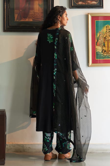 Shop Label Earthen Black Cotton, Maheshwari, Chiffon Embroidery, Sequins Split Sanjh Kurta Set at Aza Fashions Shop_Label Earthen_Black Cotton, Maheshwari, Chiffon Embroidery, Sequins Split Sanjh Kurta Set _at_Aza_Fashions