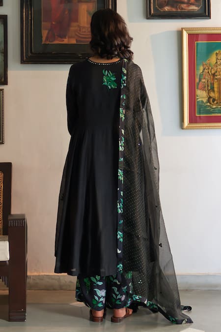 Shop Label Earthen Black Cotton, Maheshwari, Chiffon Embroidery, Raat Ki Rani Anarkali Set at Aza Fashions Shop_Label Earthen_Black Cotton, Maheshwari, Chiffon Embroidery, Raat Ki Rani Anarkali Set _at_Aza_Fashions