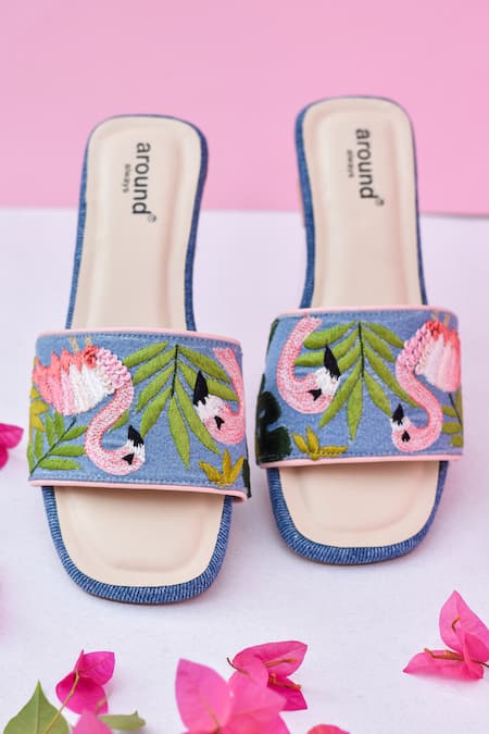 Shop Around Always Blue Embroidery Flamingo Denim Sandals at Aza Fashions Shop_Around Always_Blue Embroidery Flamingo Denim Sandals _at_Aza_Fashions