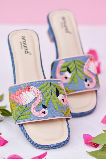 Around Always Blue Embroidery Flamingo Denim Sandals Online at Aza Fashions Around Always_Blue Embroidery Flamingo Denim Sandals _Online_at_Aza_Fashions