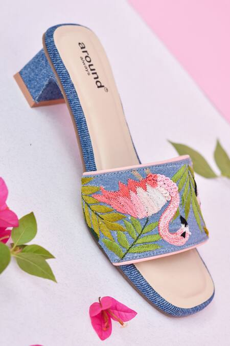 Buy Around Always Blue Embroidery Flamingo Denim Sandals Online at Aza Fashions Buy_Around Always_Blue Embroidery Flamingo Denim Sandals _Online_at_Aza_Fashions