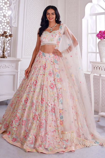 Label Priyanka Kar Pink Net Hand Embroidered Floral Sweetheart Blouse Bridal Lehenga Set 