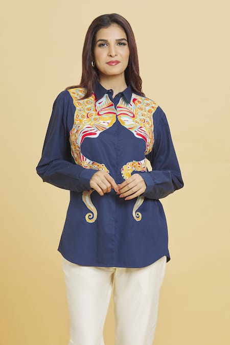 Aiman_Blue Cotton Embroidery Collared Octopus Shirt_at_Aza_Fashions