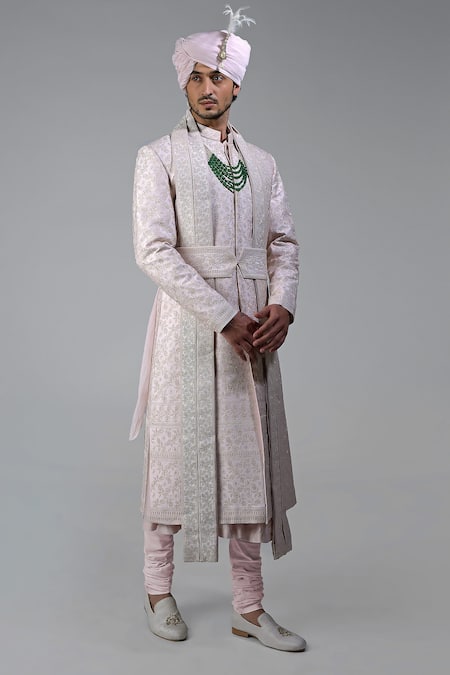 Buy Talking Threads Pink Silk Embroidered Thread Sherwani Set Buy_Talking Threads_Pink Silk Embroidered Thread Sherwani Set