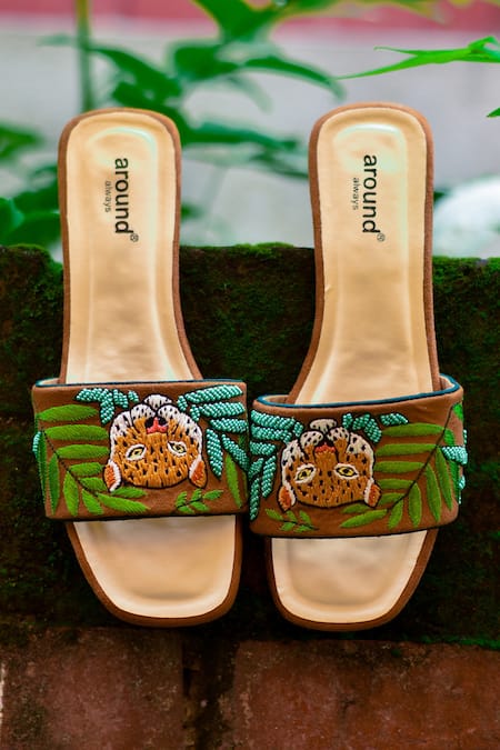 Shop_Around Always_Brown Savanna Hand Embroidered Sliders _at_Aza_Fashions
