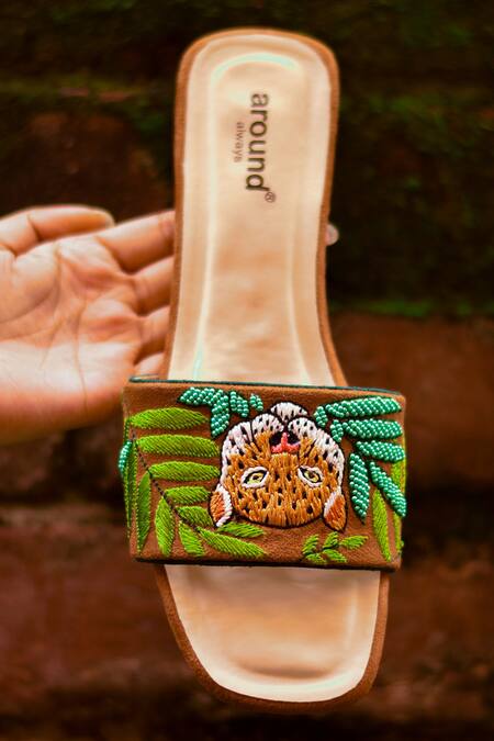 Around Always_Brown Savanna Hand Embroidered Sliders _Online_at_Aza_Fashions