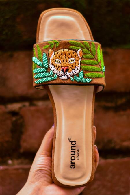 Buy_Around Always_Brown Savanna Hand Embroidered Sliders _Online_at_Aza_Fashions