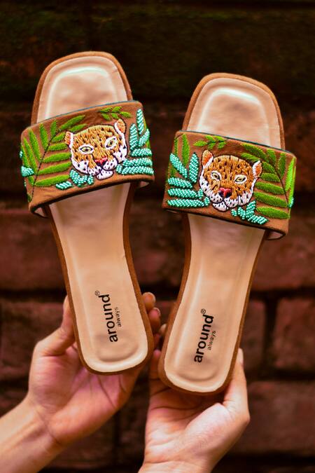 Shop_Around Always_Brown Savanna Hand Embroidered Sliders _Online_at_Aza_Fashions