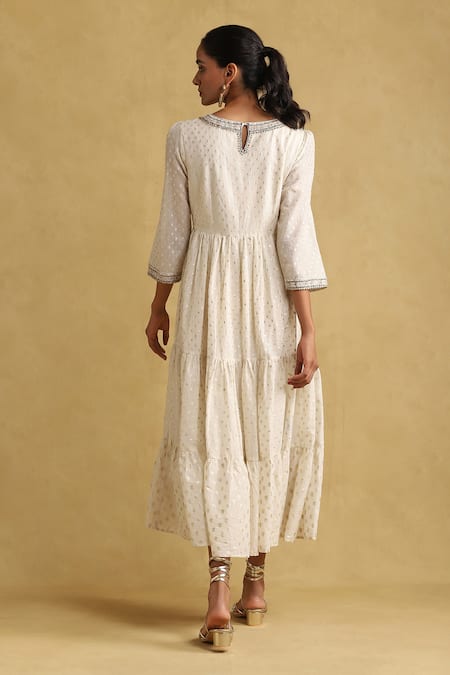 Shop Ritu Kumar White Cotton, Silk Embroidery Round Neck Tiered Dress at Aza Fashions Shop_Ritu Kumar_White Cotton, Silk Embroidery Round Neck Tiered Dress _at_Aza_Fashions
