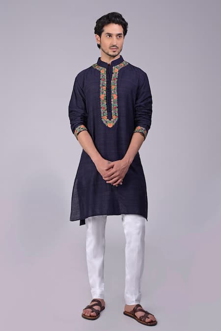 Talking Threads Blue Silk Embroidered Kashidakari Kurta  