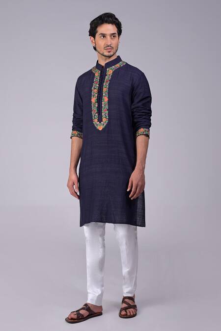 Talking Threads Blue Silk Embroidered Kashidakari Kurta Online at Aza Fashions Talking Threads_Blue Silk Embroidered Kashidakari Kurta _Online_at_Aza_Fashions