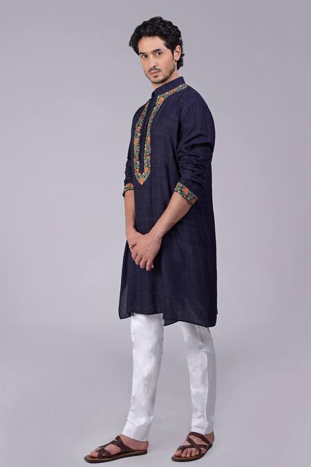 Buy Talking Threads Blue Silk Embroidered Kashidakari Kurta Online at Aza Fashions Buy_Talking Threads_Blue Silk Embroidered Kashidakari Kurta _Online_at_Aza_Fashions