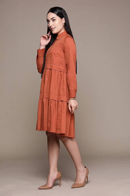 Ritu Kumar_Orange Cotton, Satin Ruffles Shawl Neck Shirt Dress_Online_at_Aza_Fashions