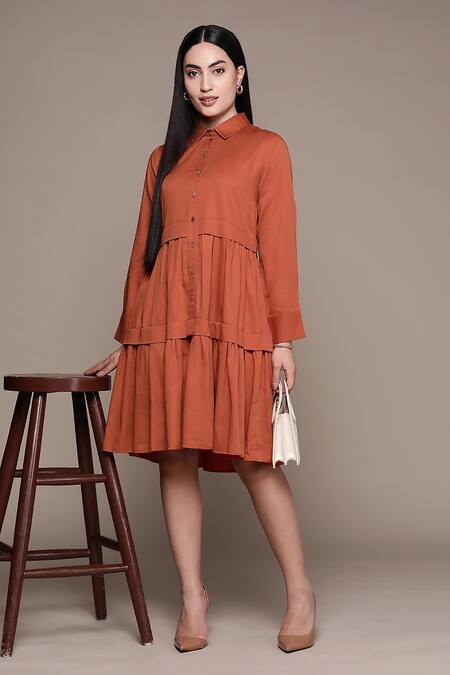 Buy_Ritu Kumar_Orange Cotton, Satin Ruffles Shawl Neck Shirt Dress_Online_at_Aza_Fashions