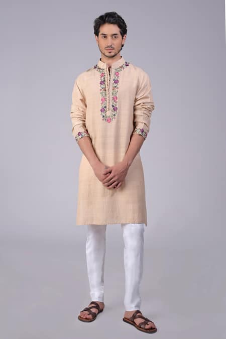 Talking Threads Beige Silk Embroidered Kashidakari Band Collar Floral Kurta  
