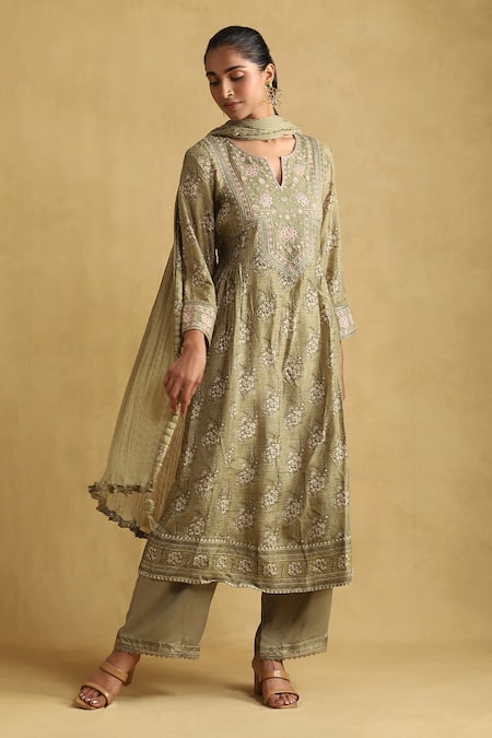 Ritu Kumar Floral Print Smocked Kurta Palazzo Set 