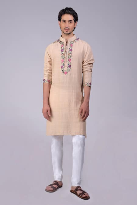 Talking Threads_Beige Silk Embroidered Kashidakari Band Collar Floral Kurta  _Online_at_Aza_Fashions