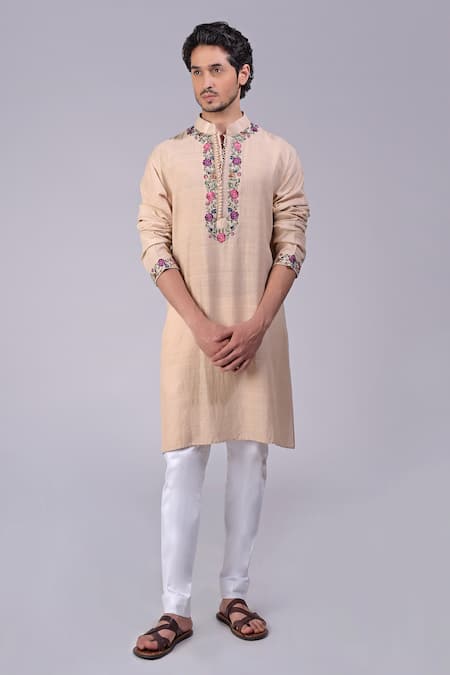 Buy_Talking Threads_Beige Silk Embroidered Kashidakari Band Collar Floral Kurta  _Online_at_Aza_Fashions
