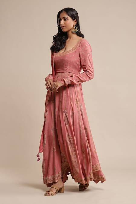 Buy_Ritu Kumar_Pink Viscose, Crepe, Cotton, Silk Embroidery Paisley And Floral Print Anarkali Set _Online_at_Aza_Fashions