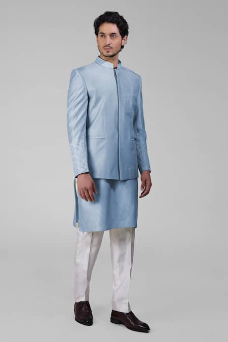 Talking Threads_Blue Silk Embroidered Thread Bandhgala Kurta Set  _Online_at_Aza_Fashions