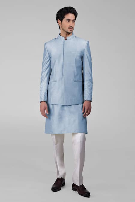Buy_Talking Threads_Blue Silk Embroidered Thread Bandhgala Kurta Set  _Online_at_Aza_Fashions