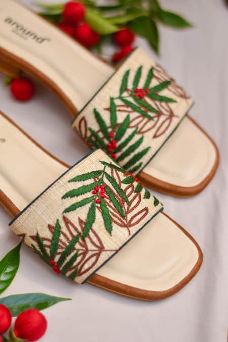 Around Always_Beige Cherry Embroidered Denim Sliders _Online_at_Aza_Fashions