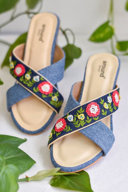 Around Always_Blue Embroidery Clover Denim Block Heels _Online_at_Aza_Fashions