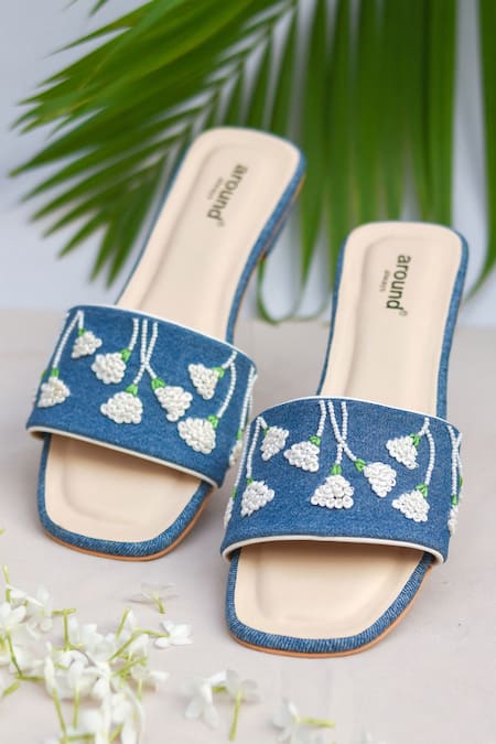 Shop Around Always Blue Gardenia Embroidered Denim Sliders at Aza Fashions Shop_Around Always_Blue Gardenia Embroidered Denim Sliders _at_Aza_Fashions