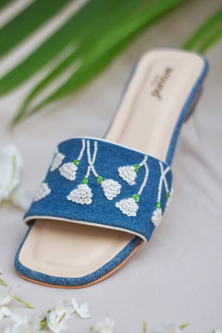 Around Always Blue Gardenia Embroidered Denim Sliders Online at Aza Fashions Around Always_Blue Gardenia Embroidered Denim Sliders _Online_at_Aza_Fashions