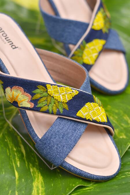 Around Always_Blue Beads, Embroidery King Pine Denim Slip-on Block Heels_Online_at_Aza_Fashions