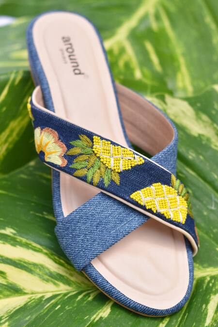 Buy_Around Always_Blue Beads, Embroidery King Pine Denim Slip-on Block Heels_Online_at_Aza_Fashions