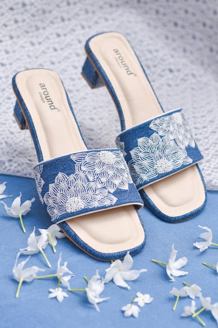 AROUND ALWAYS Lily Denim Embroidered Block Heels 