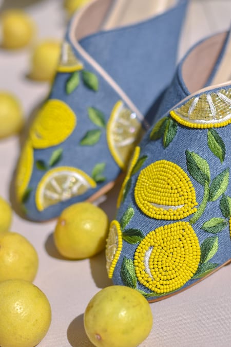 Around Always_Blue Beads, Embroidery Lime Mules _Online_at_Aza_Fashions