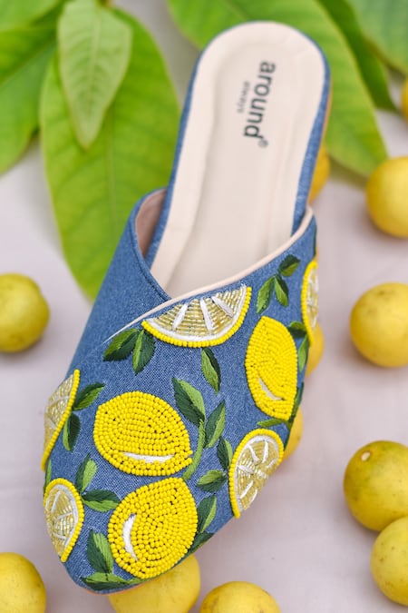 Buy_Around Always_Blue Beads, Embroidery Lime Mules _Online_at_Aza_Fashions