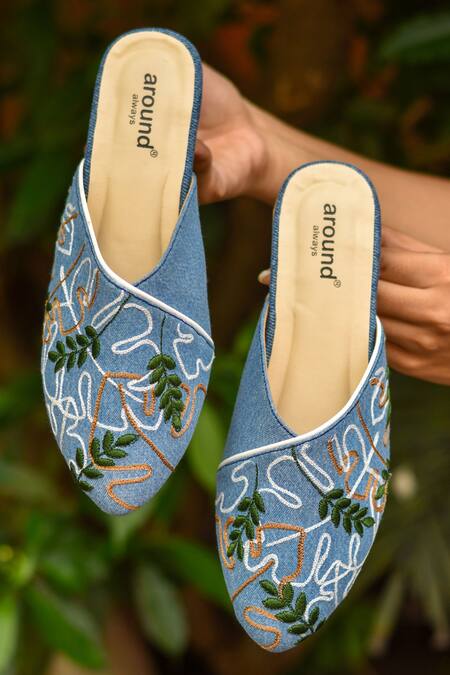 Around Always_Blue Embroidery Palm Thread Mules _Online_at_Aza_Fashions