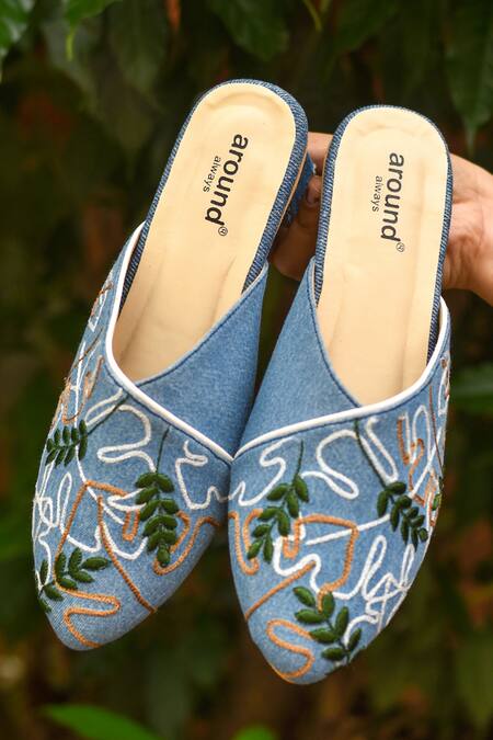 Buy_Around Always_Blue Embroidery Palm Thread Mules _Online_at_Aza_Fashions