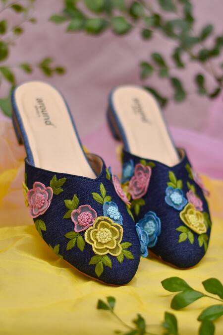 Around Always_Blue Paradise 3d Floral Embroidered Mules _Online_at_Aza_Fashions