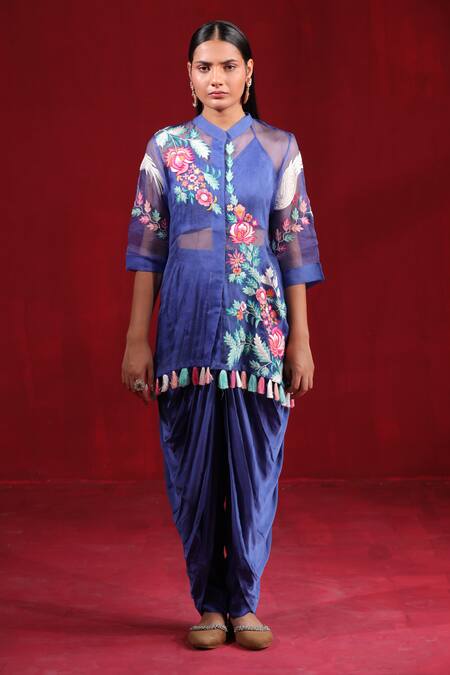 Ruh Clothing_Blue Organza, Satin Embroidery Mandarin Collar, Hand Kurta Dhoti Pant Set _Online_at_Aza_Fashions