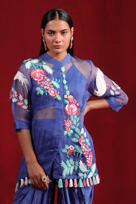 Buy Ruh Clothing Blue Organza, Satin Embroidery Mandarin Collar, Hand Kurta Dhoti Pant Set Online at Aza Fashions Buy_Ruh Clothing_Blue Organza, Satin Embroidery Mandarin Collar, Hand Kurta Dhoti Pant Set _Online_at_Aza_Fashions
